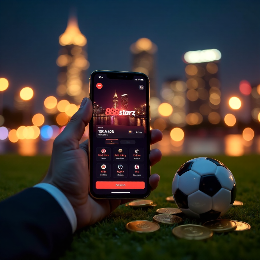 A hand holding a luxury smartphone displaying the official 888starz Uzbekistan app with a sleek red and black interface, background is the Tashkent City skyline and Hilton tower at night with vibrant golden bokeh lights, 3D golden coins and a soccer ball 